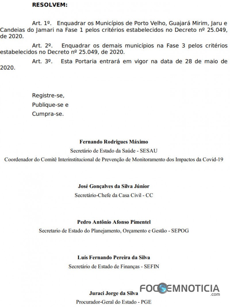 GOVERNO ENQUADRA JARU NA FASE 01 E MANDA FECHAR COM&Eacute;RCIO, A PARTIR DE HOJE S&Oacute; SERVI&Ccedil;OS ESSENCIAIS