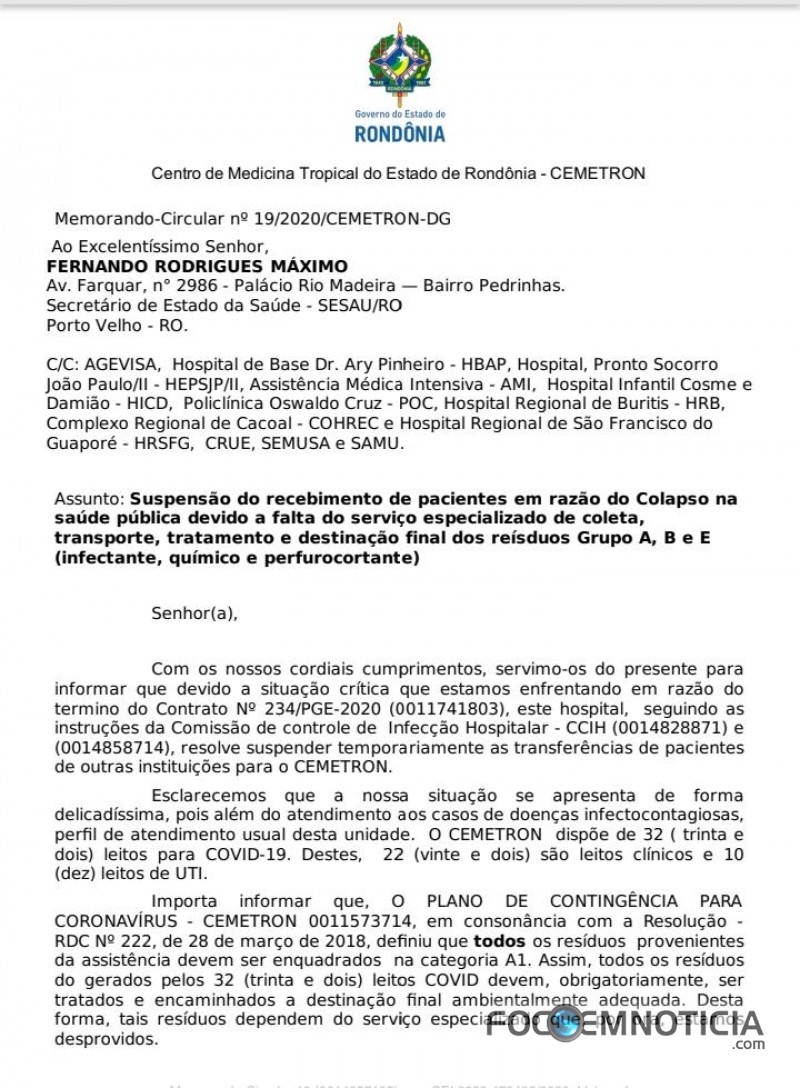 LIXO HOSPITALAR: DEMONSTRANDO  DESORGANIZA&Ccedil;&Atilde;O SESAU PRO&Iacute;BE TRANSFER&Ecirc;NCIAS PARA O CEMETRON