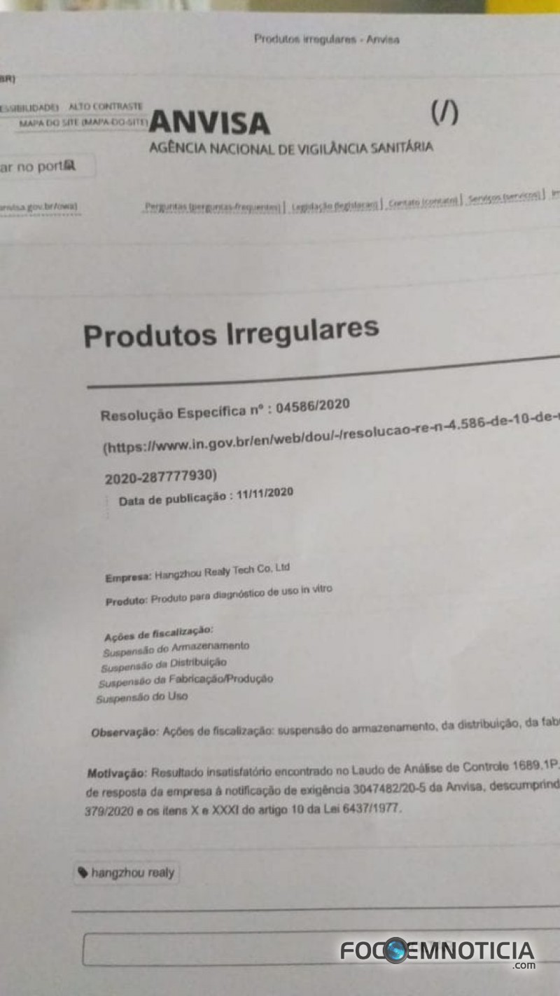 DESCASO: GOVERNO DE ROND&Ocirc;NIA COMPROU 100 MIL  TESTES DE CORONAV&Iacute;RUS QUE  FOI CANCELADO PELA ANVISA