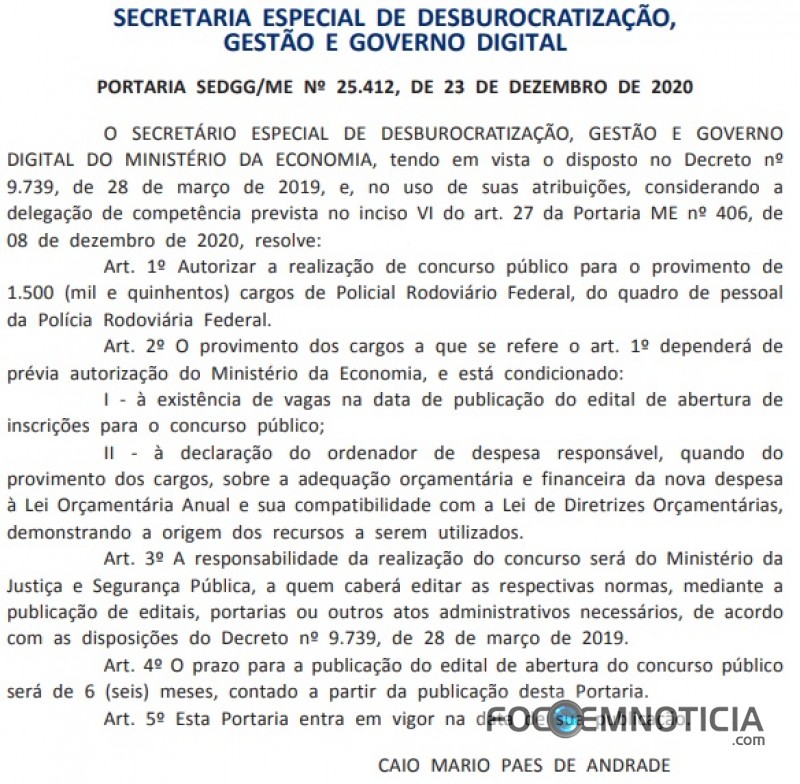 GOVERNO FEDERAL AUTORIZA A REALIZA&Ccedil;&Atilde;O DE CONCURSO PARA POL&Iacute;CIA RODOVI&Aacute;RIA FEDERAL