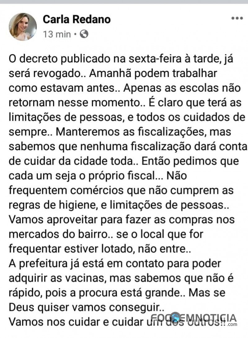 PREFEITA CARLA REDANO ANUNCIA REABERTURA DO COM&Eacute;RCIO, 10 NOVOS LEITOS E COMPRA DE VACINAS
