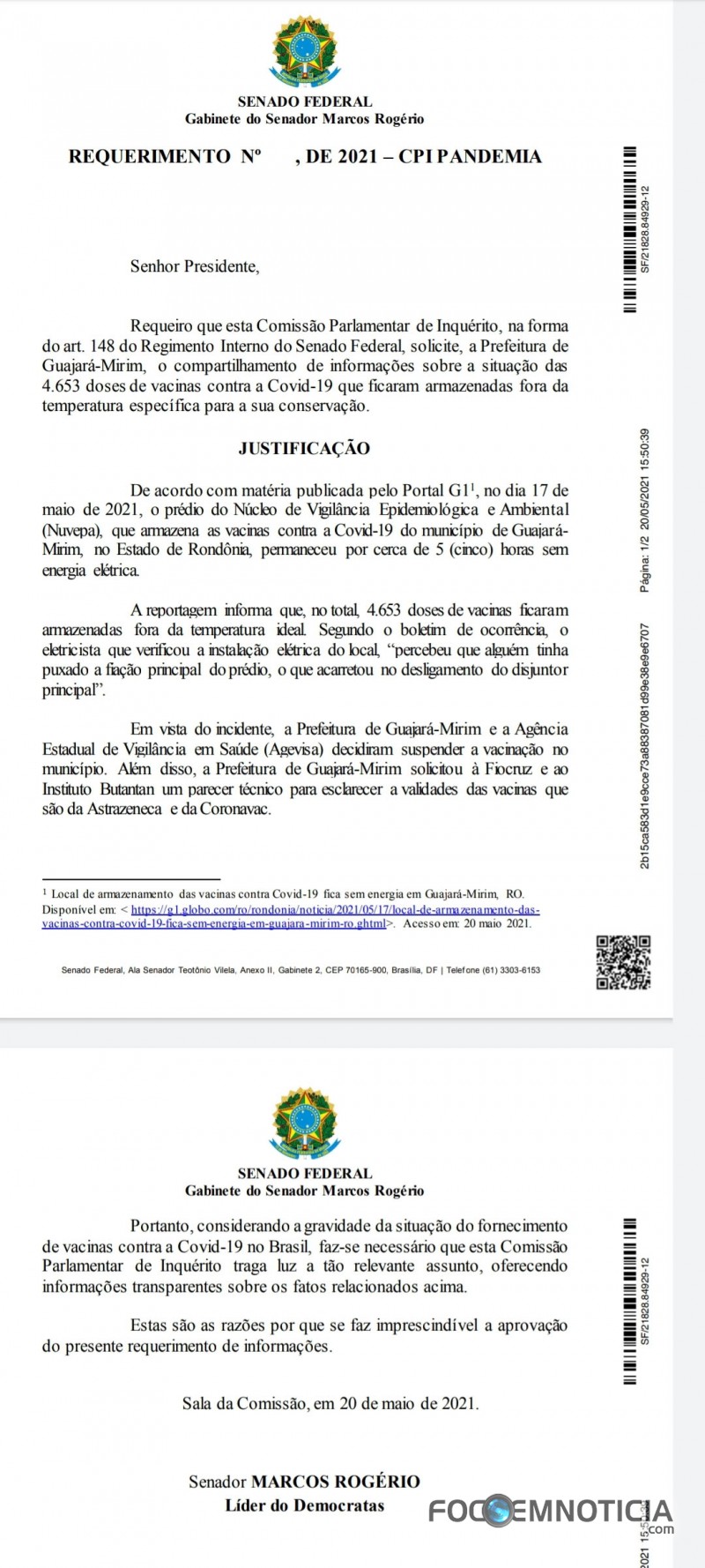VACINAS: SENADOR MARCOS ROG&Eacute;RIO PEDE EXPLICA&Ccedil;&Otilde;ES DA PREFEITA DE GUAJAR&Aacute; - MIRIM NA CPI DO COVID