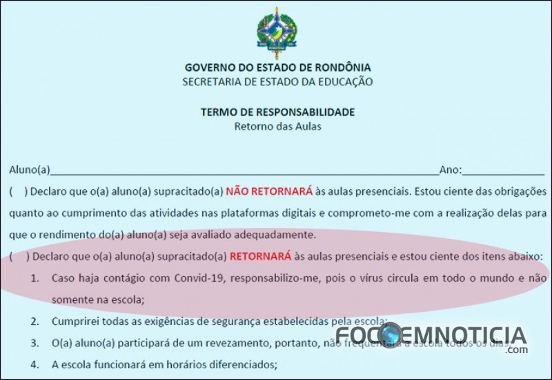 PAIS DOS ALUNOS TER&Atilde;O QUE ASSINAR DOCUMENTO ISENTANDO ESTADO PELO CONT&Aacute;GIO DO CORONAV&Iacute;RUS NAS ESCOLA
