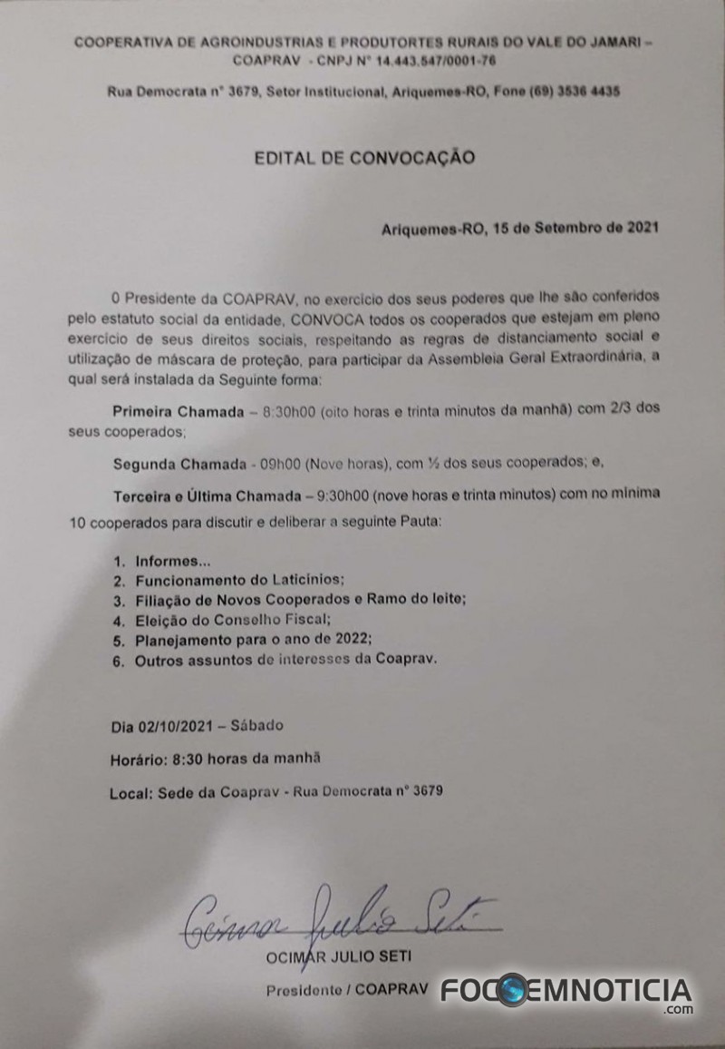 EDITAL DE CONVOCA&Ccedil;&Atilde;O DA ASSEMBLEIA EXTRAORDIN&Aacute;RIA DA COAPRAV