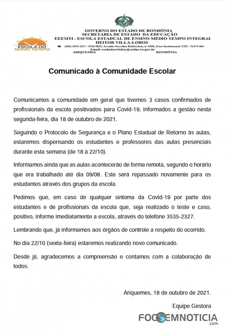 CORONAV&Iacute;RUS: FUNCION&Aacute;RIOS S&Atilde;O INFECTADOS E ESCOLA HEITOR VILLA-LOBOS SUSPENDE AULA PRESENCIAL
