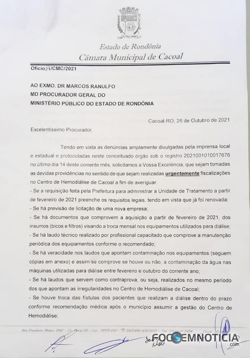 CACOAL: 33 PACIENTES MORREM EM 07 MESES FAZENDO HEMODI&Aacute;LISE, PRESIDENTE DA C&Acirc;MARA N&Atilde;O QUER CRIAR CPI