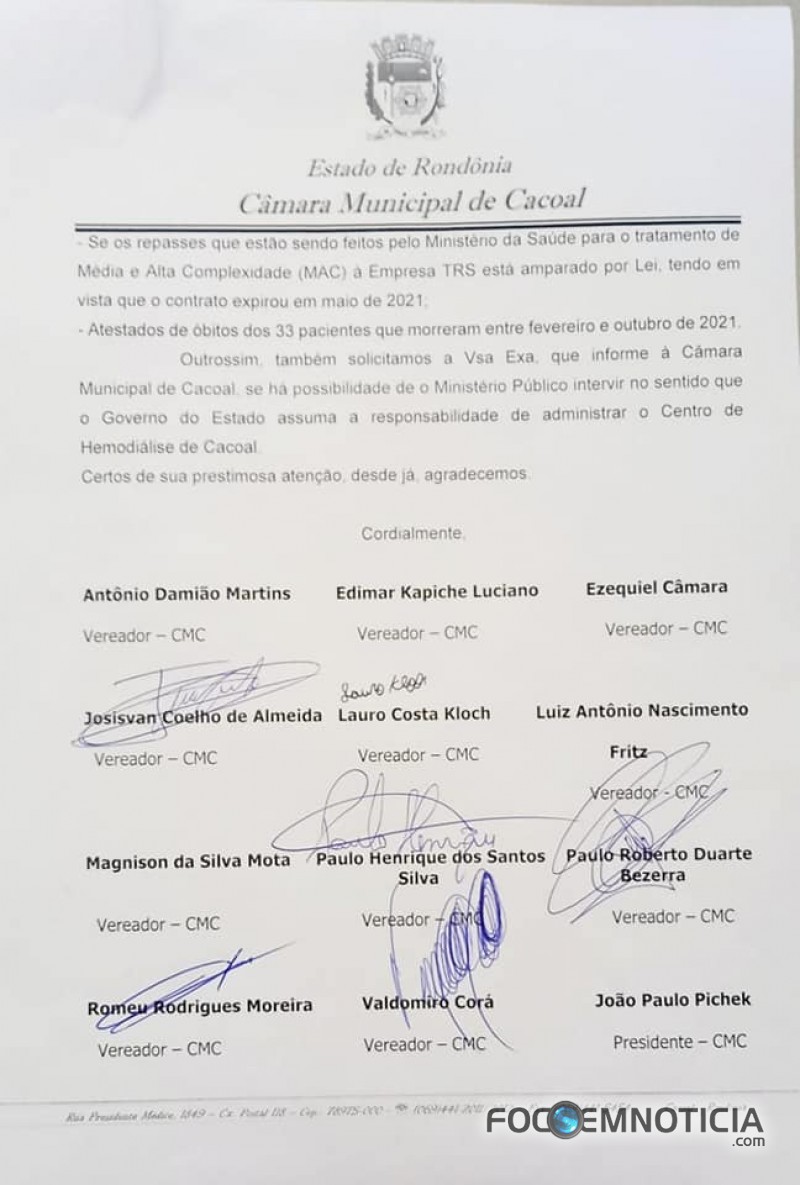 CACOAL: 33 PACIENTES MORREM EM 07 MESES FAZENDO HEMODI&Aacute;LISE, PRESIDENTE DA C&Acirc;MARA N&Atilde;O QUER CRIAR CPI