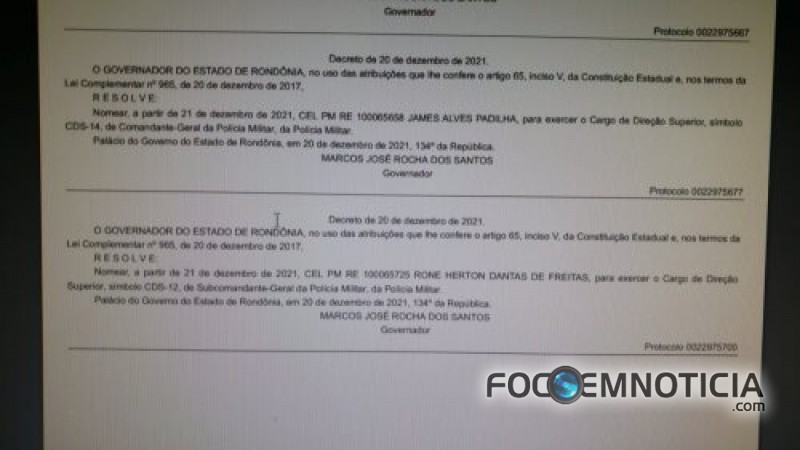 AP&Oacute;S DEN&Uacute;NCIA DE ASS&Eacute;DIO GOVERNADOR EXONERA COMANDANTE GERAL DA POL&Iacute;CIA MILITAR EM ROND&Ocirc;NIA