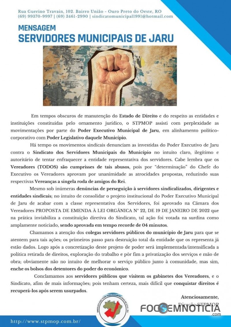 SINDICATOS EMITEM "NOTA DE REP&Uacute;DIO" CONTRA PREFEITO E VICE DE JARU POR PERSEGUI&Ccedil;&Atilde;O