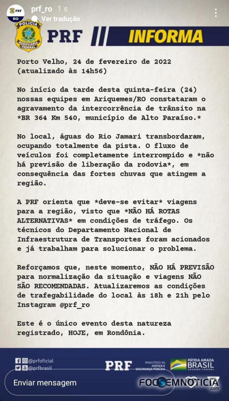 URGENTE: RIO JAMARI TRANSBORDA PR&Oacute;XIMO A ARIQUEMES E BR - 364 EST&Aacute; FECHADA POR TEMPO INDETERMINADO