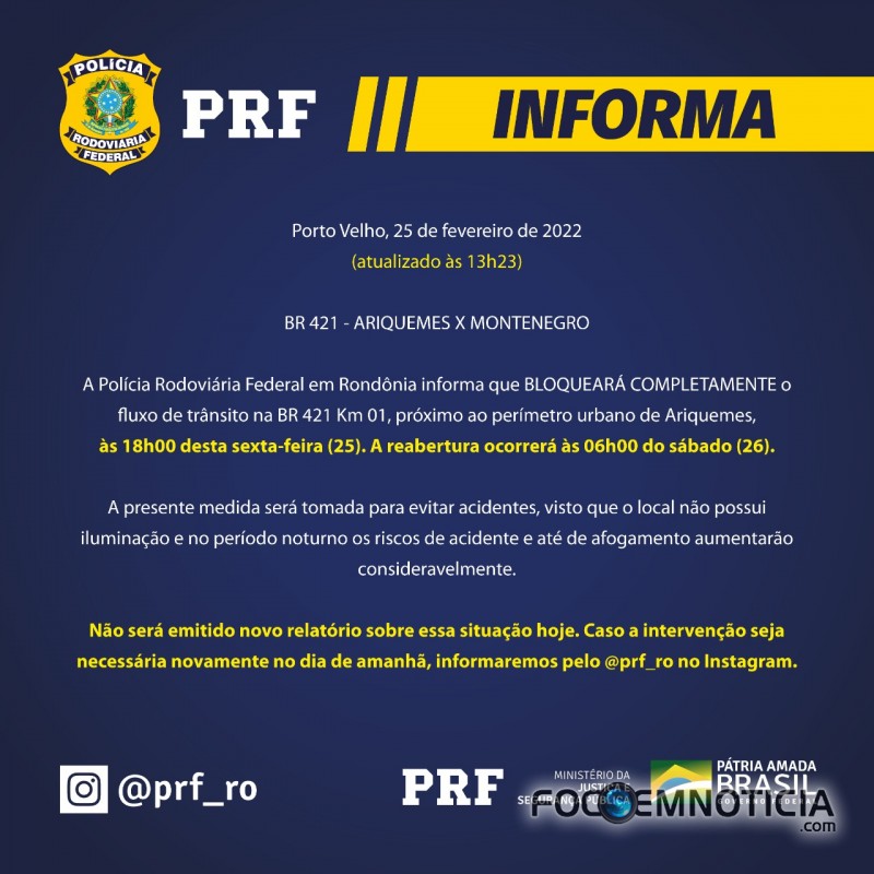 URGENTE: PRF ANUNCIA QUE BR - 421 SER&Aacute; FECHADA NESTA SEXTA - FEIRA A PARTIR DAS 18 HORAS