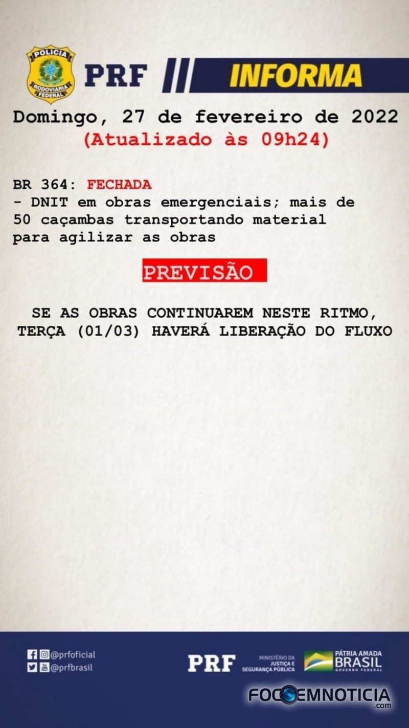 PRF ANUNCIA QUE BR -364 PODER&Aacute; SER REABERTA NESTA TER&Ccedil;A - FEIRA, BR - 421 EST&Aacute; COM O TR&Acirc;NSITO NORMAL