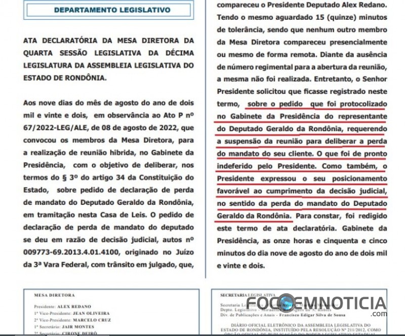 PRESIDENTE ALEX REDANO &Eacute; O &Uacute;NICO QUE COMPARECE NA SESS&Atilde;O DE CASSA&Ccedil;&Atilde;O DO DEPUTADO GERALDO