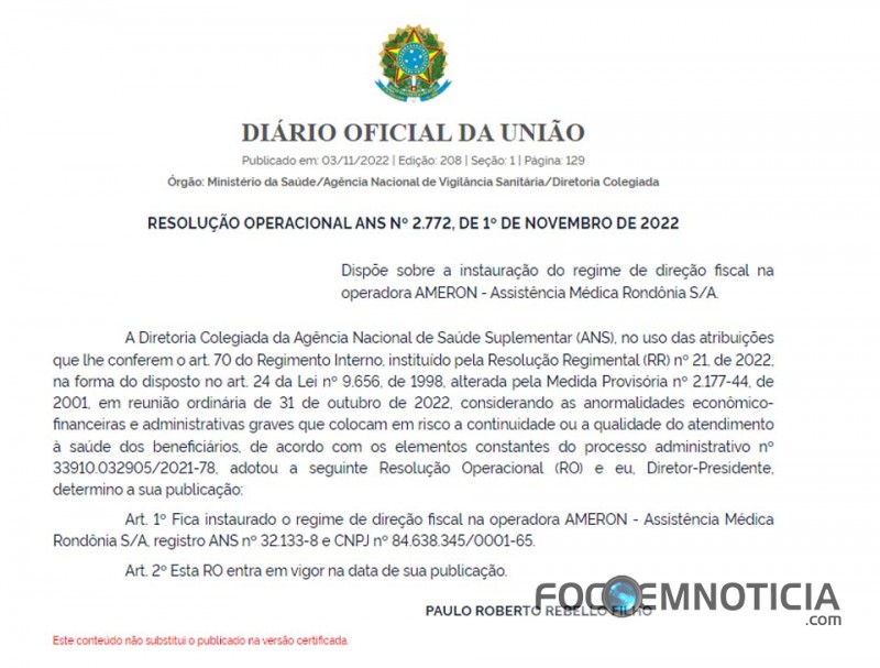 ANS DETECTA ANORMALIDADES GRAVES NA "AMERON" E DETERMINA REGIME FISCAL NO PLANO DE SA&Uacute;DE