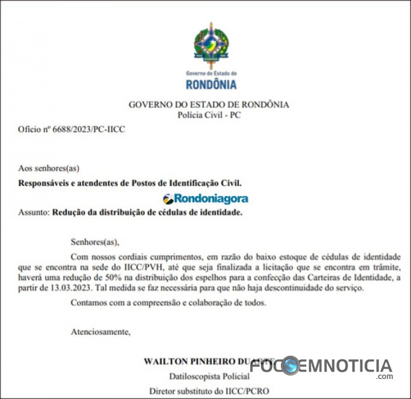 GOVERNO N&Atilde;O COMPRA MATERIAL E EMISS&Atilde;O DE IDENTIDADE &Eacute; REDUZIDA EM 50%