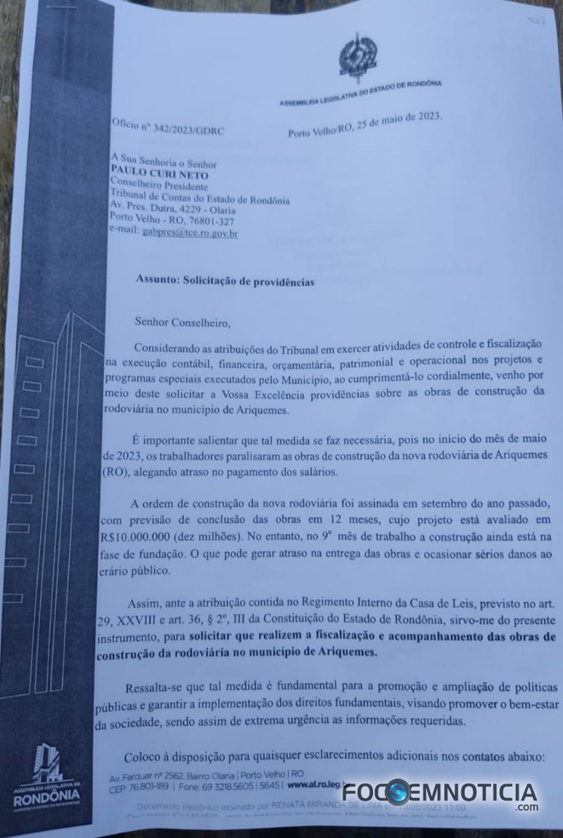 DEPUTADO RODRIGO CAMARGO PEDE AO TCE QUE FISCALIZE OBRA DA RODOVI&Aacute;RIA EM ARIQUEMES