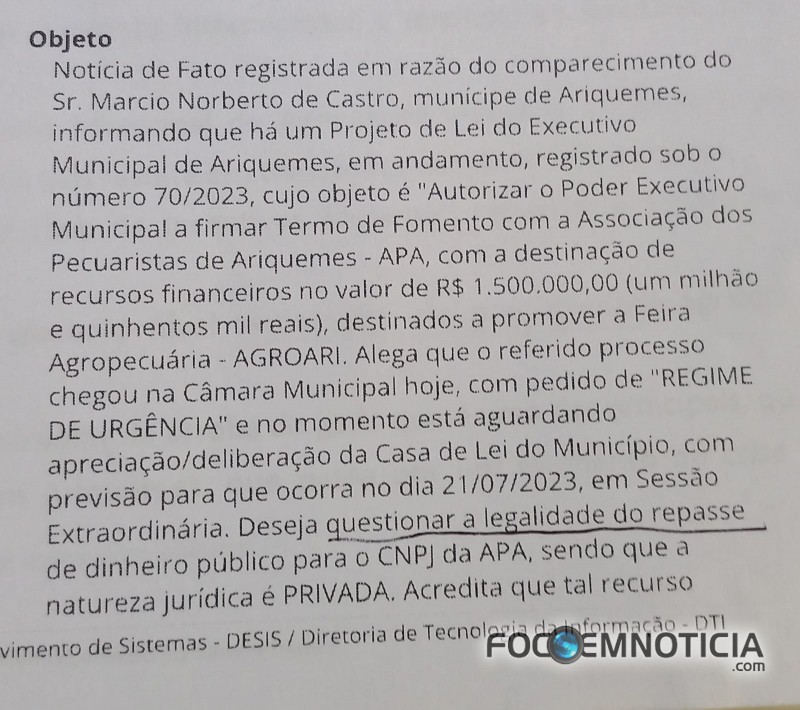 MP D&Aacute; 10 DIAS PARA PREFEITURA DE ARIQUEMES EXPLICAR REPASSE  DE 01 MILH&Atilde;O E 500 MIL PARA APA