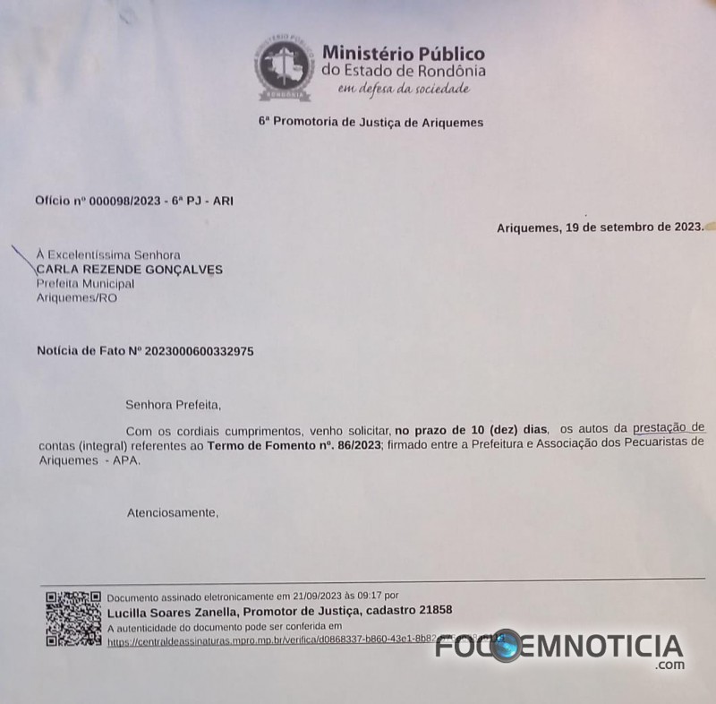 MP D&Aacute; 10 DIAS PARA PREFEITURA DE ARIQUEMES EXPLICAR REPASSE  DE 01 MILH&Atilde;O E 500 MIL PARA APA