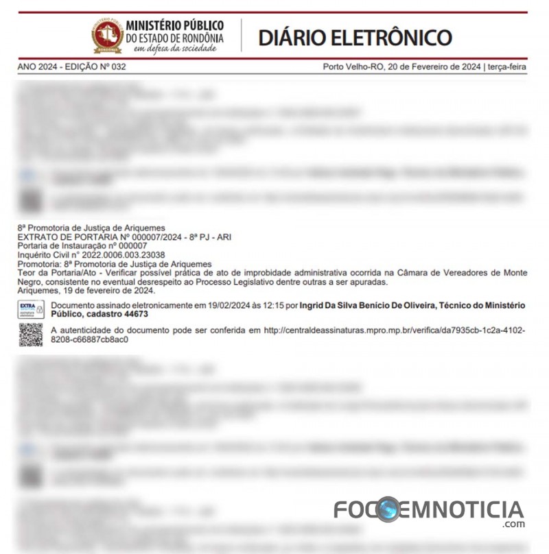MP INSTAURA PROCEDIMENTO PARA APURAR POSS&Iacute;VEIS IRREGULARIDADES NA C&Acirc;MARA MUNICIPAL  DE MONTE NEGRO