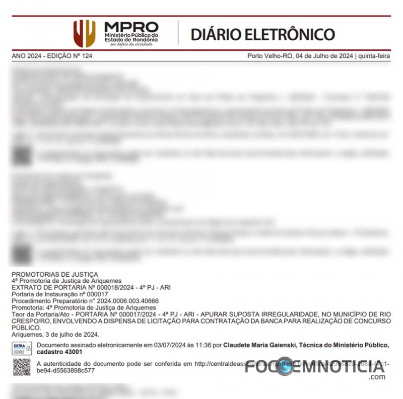 MP INSTAURA PROCEDIMENTO PARA APURAR POSS&Iacute;VEIS IRREGULARIDADES EM CONCURSO P&Uacute;BLICO DE RIO CRESPO