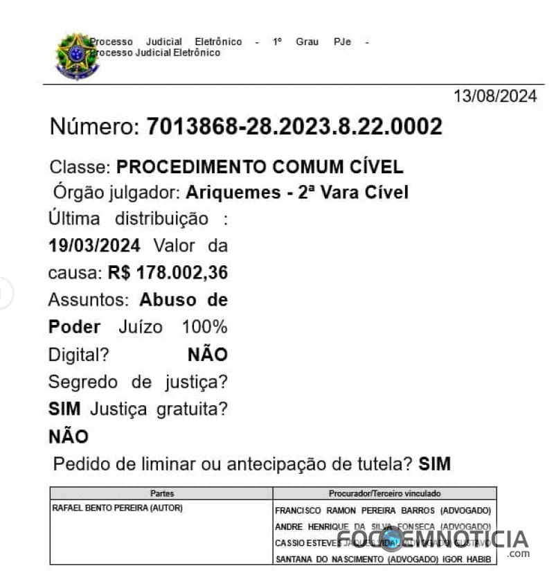 JUSTI&Ccedil;A SUSPENDE DECRETO DE CASSA&Ccedil;&Atilde;O E GARANTE RAFAEL NA DISPUTA PELA PREFEITURA EM ARIQUEMES