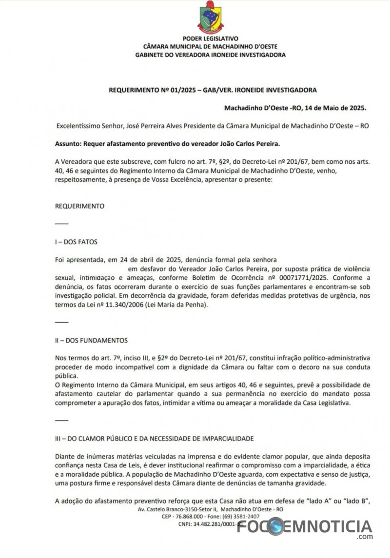 MACHADINHO: COMISS&Atilde;O ENROLA E PEDIDO DE AFASTAMENTO CONTRA VEREADOR ACUSADO DE ASS&Eacute;DIO EST&Aacute; PARADO