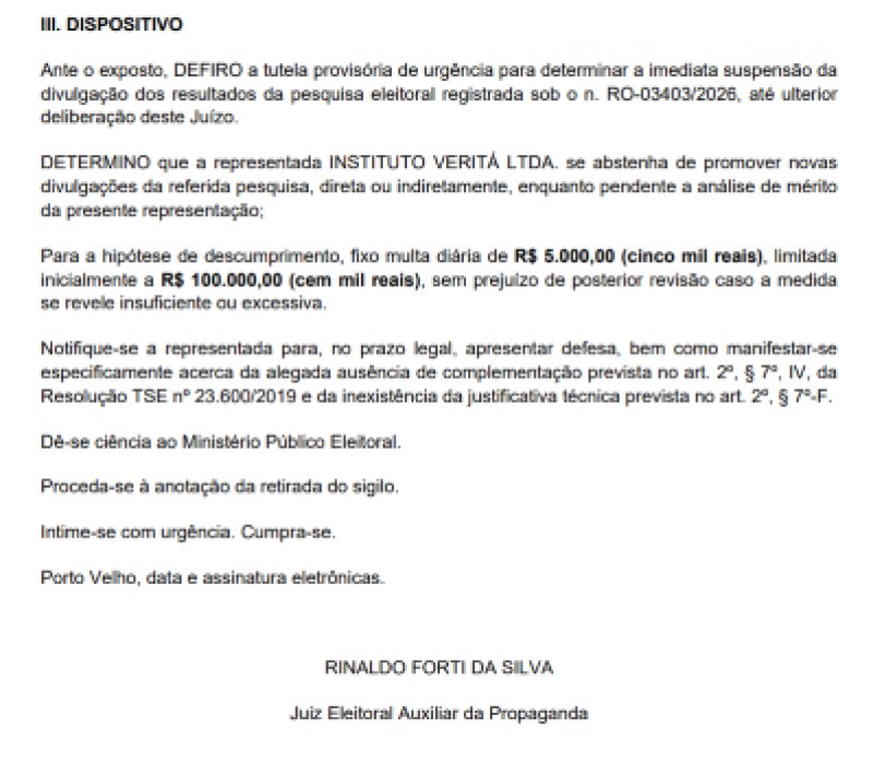 TRE SUSPENDE &Uacute;LTIMA PESQUISA DO INSTITUTO VERIT&Aacute; EM ROND&Ocirc;NIA POR SUSPEITA DE IRREGULARIDADES